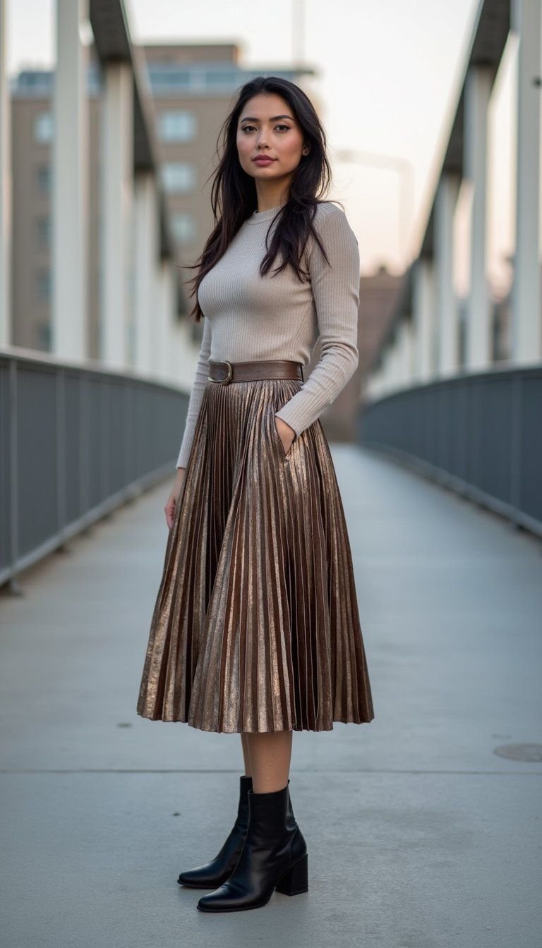 Pleated Metallic Midi Skirt With Knit Top
