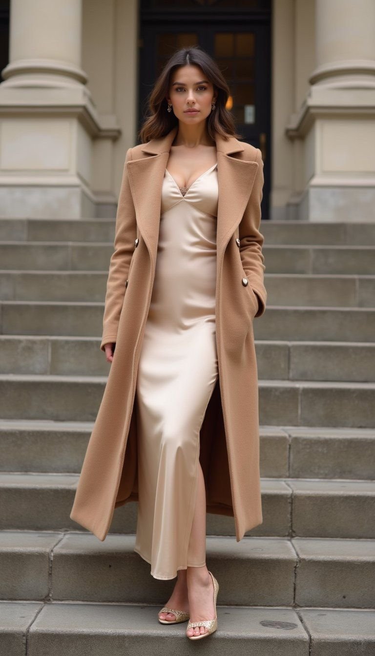 Satin Slip Dress With Structured Coat
