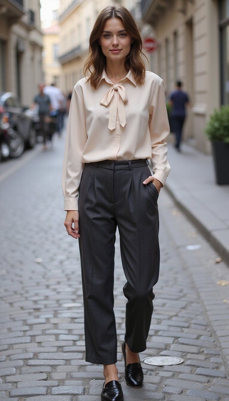 Silk Blouse With High-Waisted Trousers