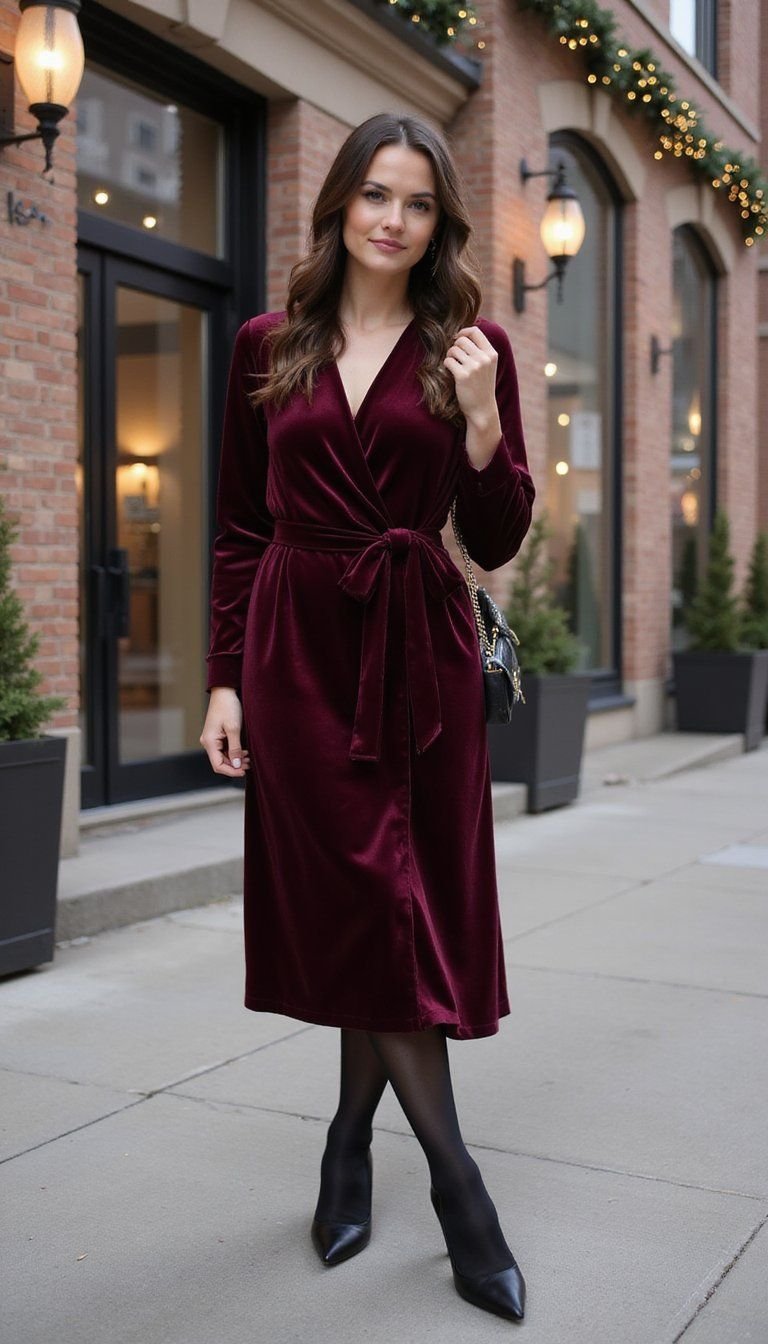 Velvet Wrap Dress With Tights And Heels