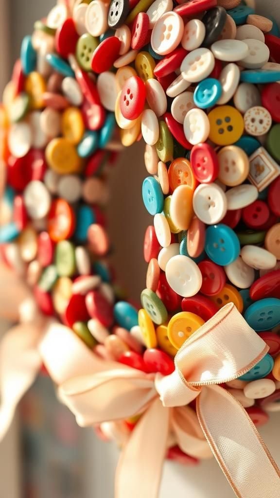 Button and ribbon collage wreath with vintage flair