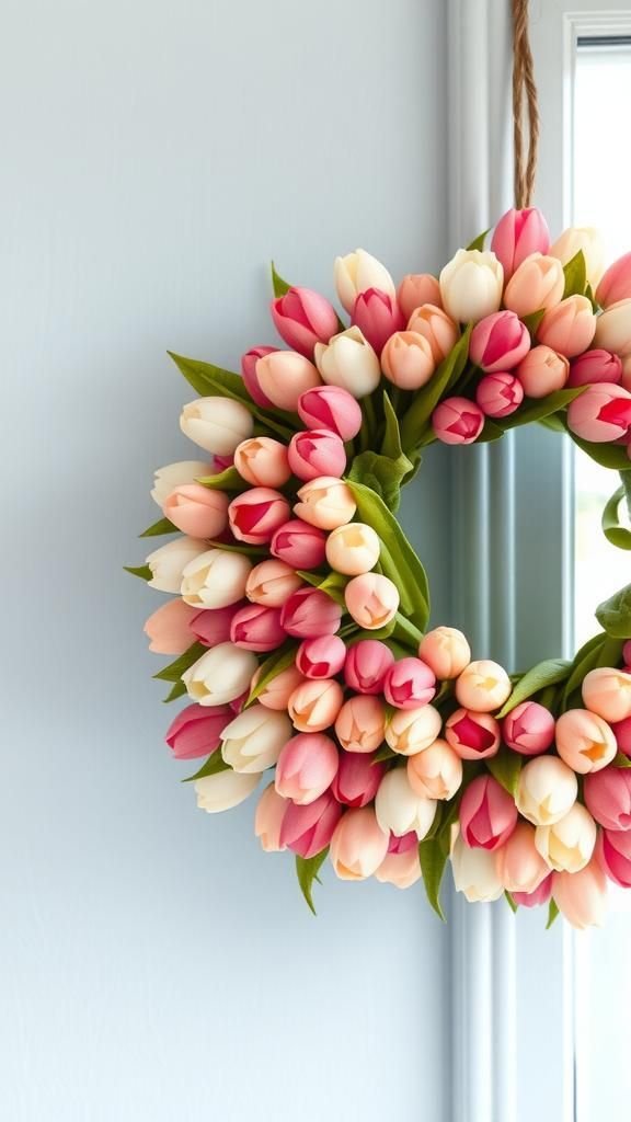 Silk tulip bunches on a simple foam ring