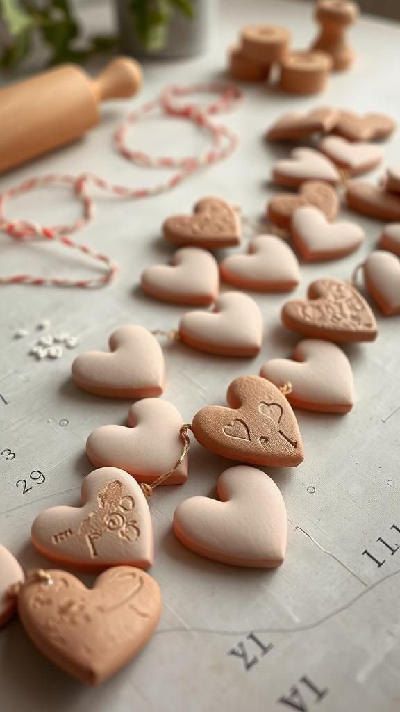 Air-dry clay hearts with stamped patterns