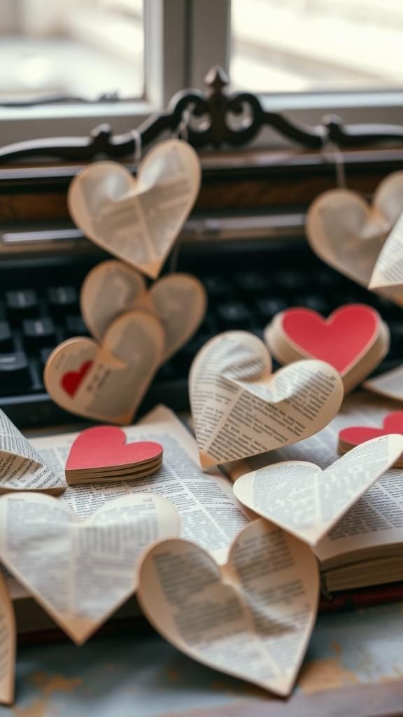 Newspaper and book-page heart chain with literary flair