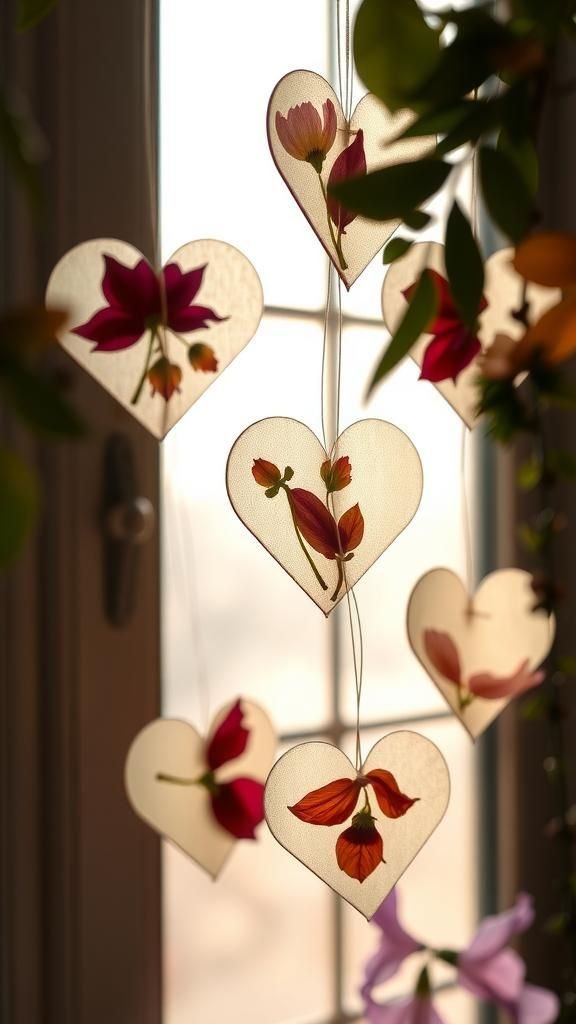 Pressed flower hearts with botanical silhouettes