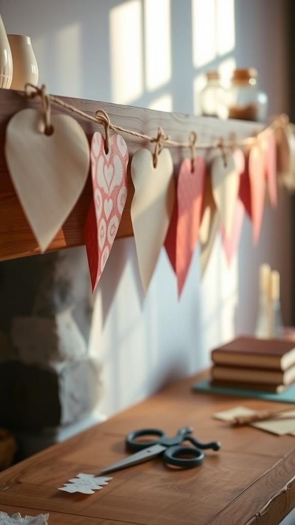 Simple folded paper hearts strung on twine