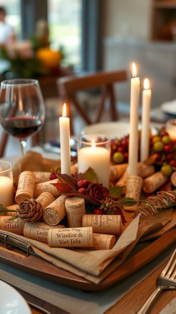 A centerpiece of cork and seasonal botanicals