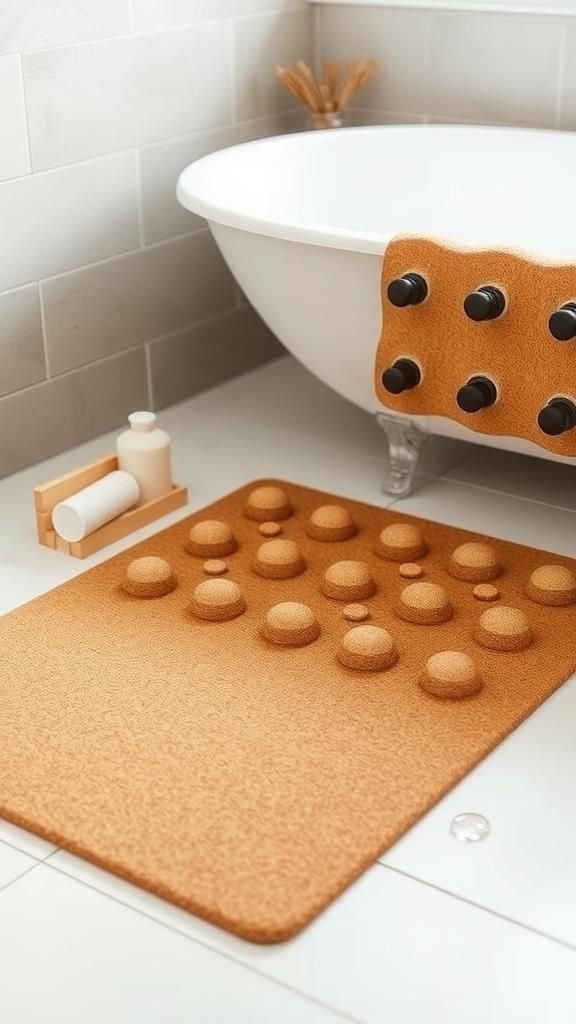 A soft cork bath mat with subtle warmth
