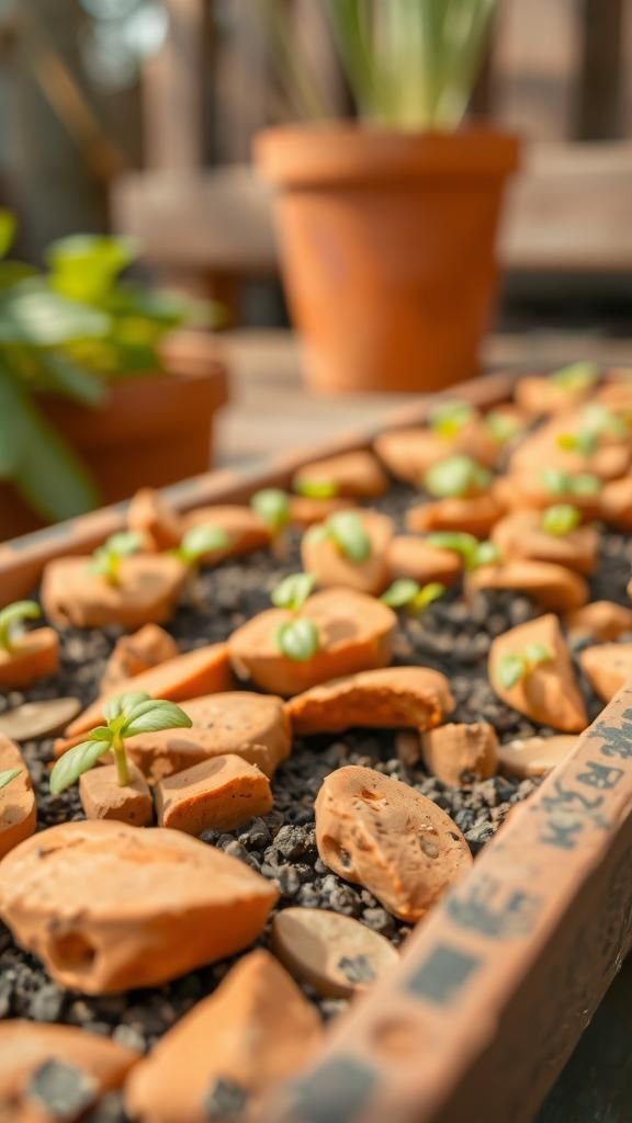 Terracotta shards as tiny protective cloches
