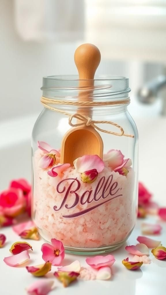 Bath salts jar with tiny scooper and soft ribbon