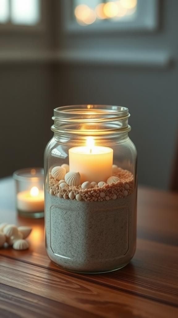 Candle-filled beach centerpiece with sand and shells