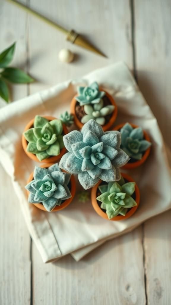 Mini felt succulents in tiny clay pots