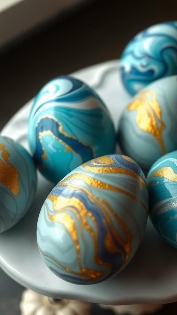 Marbled eggs with swirling ink-like patterns