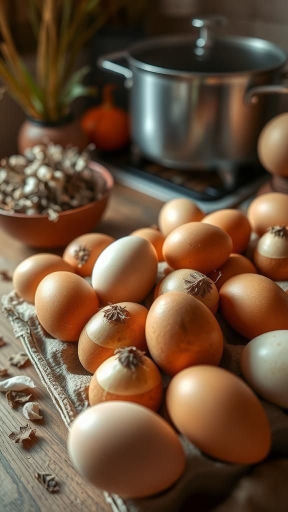 Plant-dyed and onion-skin eggs for earthy tones