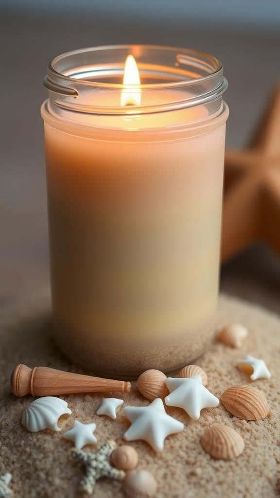 Coastal sand and shell jar candle scene