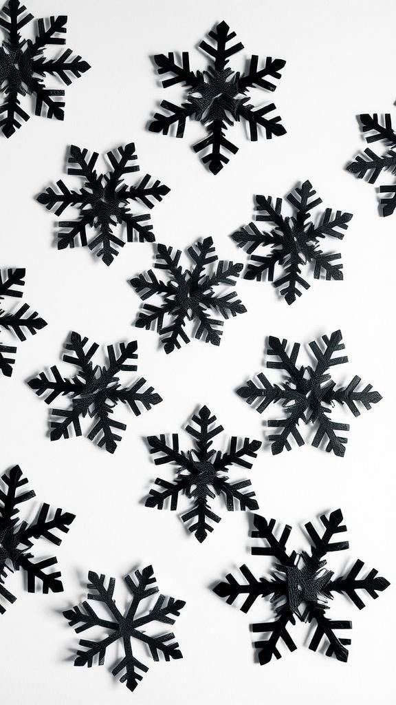 Newspaper snowflakes with graphic black-and-white contrast