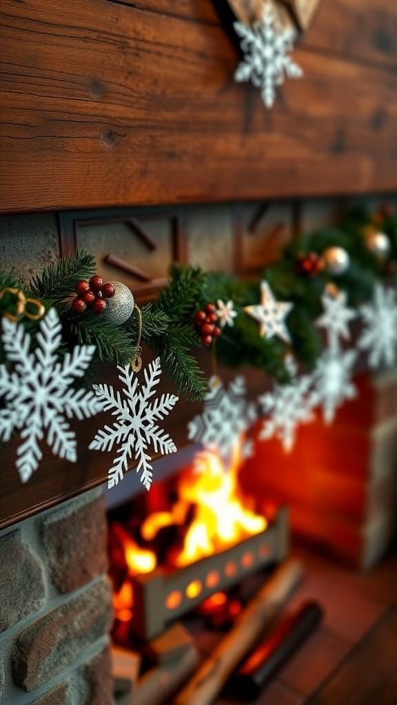 Snowflake garland strung across a cozy mantel