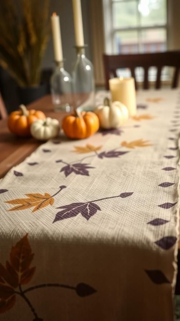Burlap runner with stenciled leaf pattern
