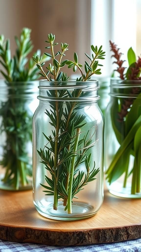 Mason jar herb centerpiece with simple green notes