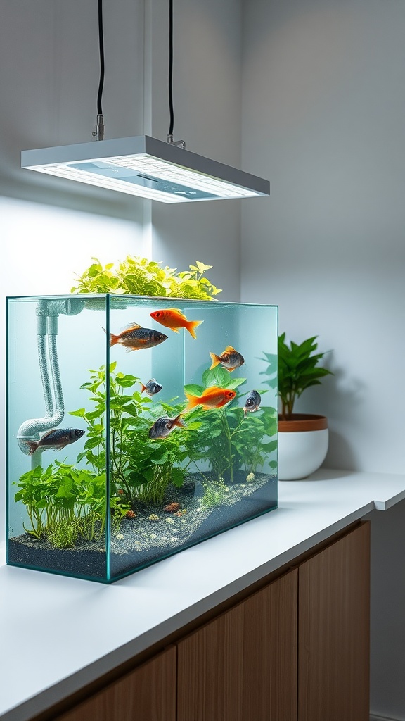 An aquaponic system featuring a fish tank with live fish and growing plants on top.