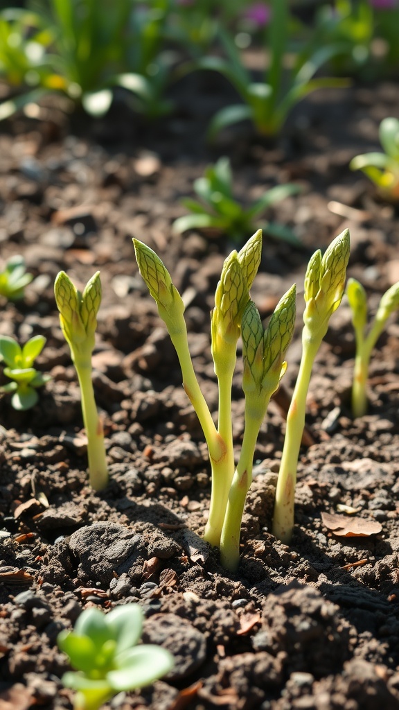 Young asparagus shoots emerging from the soil.