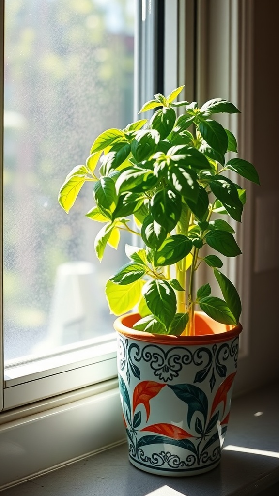 A vibrant basil plant in a decorative pot, sitting on a windowsill with sunlight streaming in.