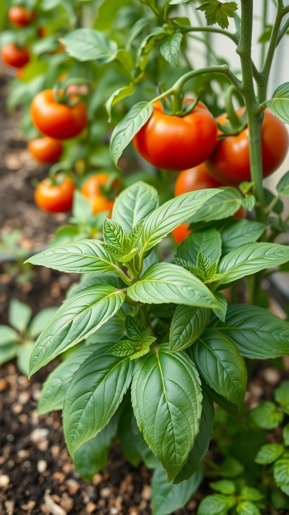 Fresh basil leaves in front of ripe tomatoes on the vine