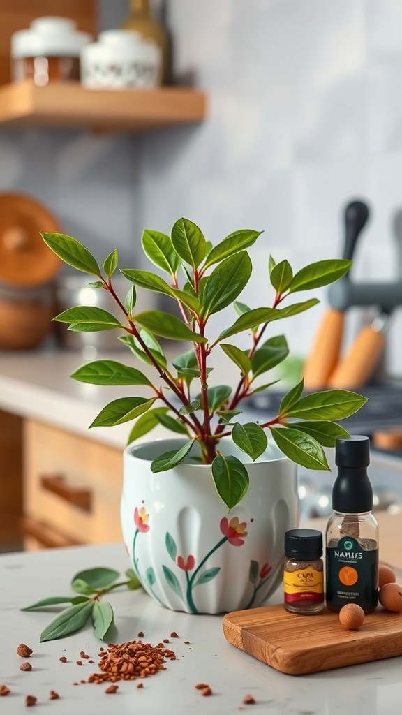 A bay leaf plant in a decorative pot with cooking ingredients in the background