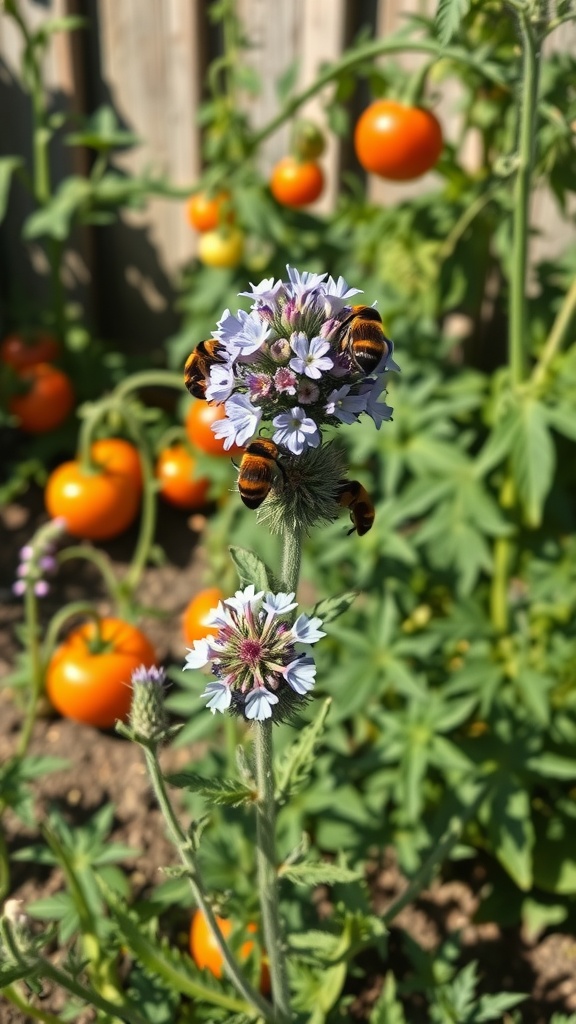 Borage flowers with bees and orange tomatoes in the background.