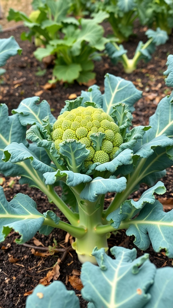 A close-up of a broccoli plant with vibrant green florets and large leaves.