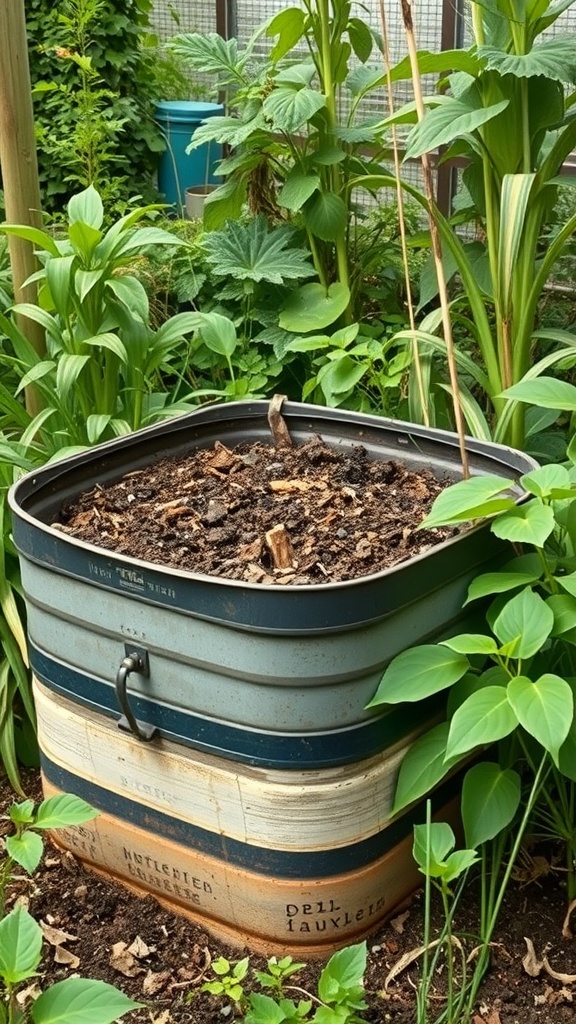 A compost bin surrounded by green plants in a garden