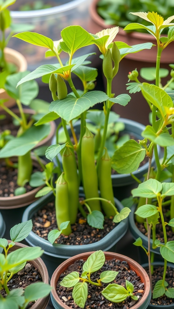 Bush beans growing in small pots with green leaves and developing pods