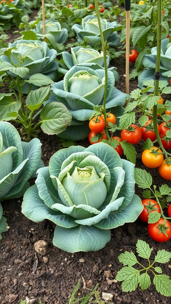 A garden bed featuring lush green cabbage plants surrounded by ripe red tomatoes, showcasing a successful example of companion planting.