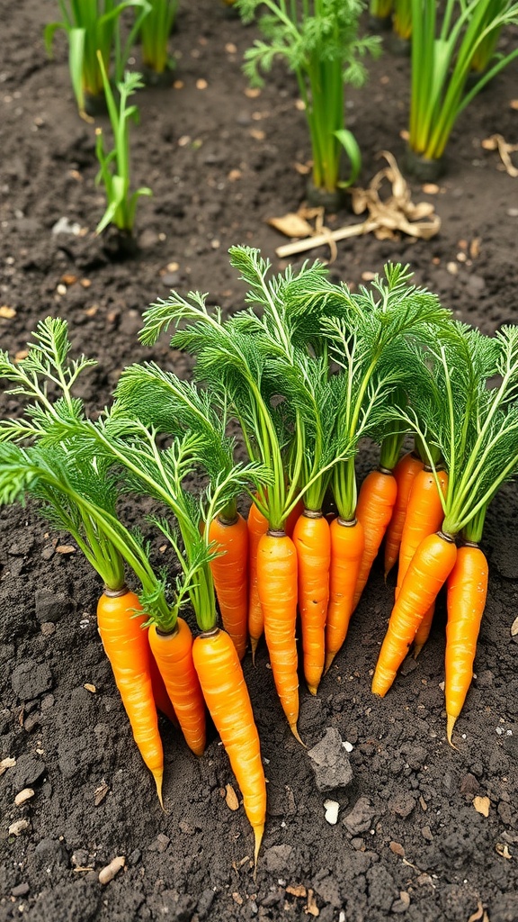 Freshly harvested carrots with green tops growing in the soil.