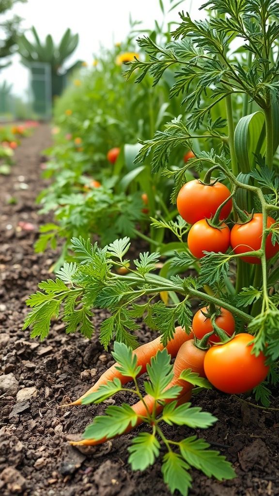 A garden with tomatoes and carrots growing together