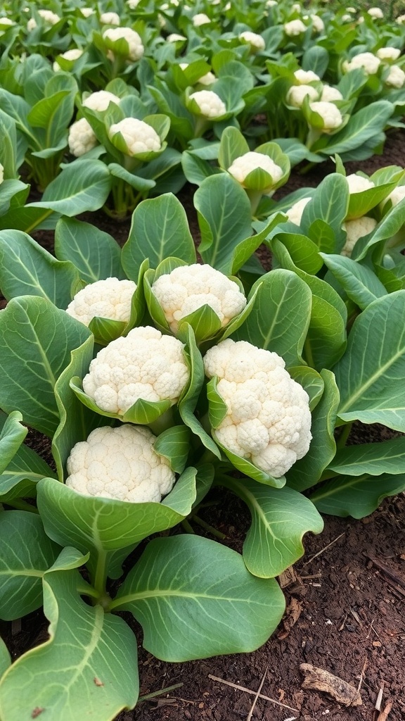 Rows of cauliflower plants with large white florets surrounded by green leaves