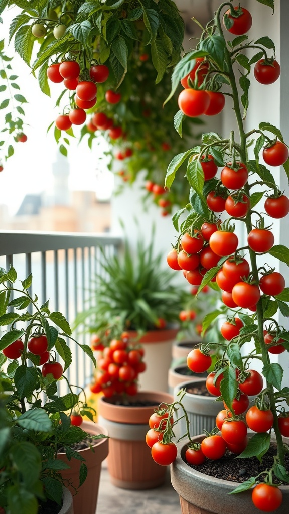 A balcony filled with lush cherry tomato plants in pots, showcasing vibrant red tomatoes hanging from the branches.