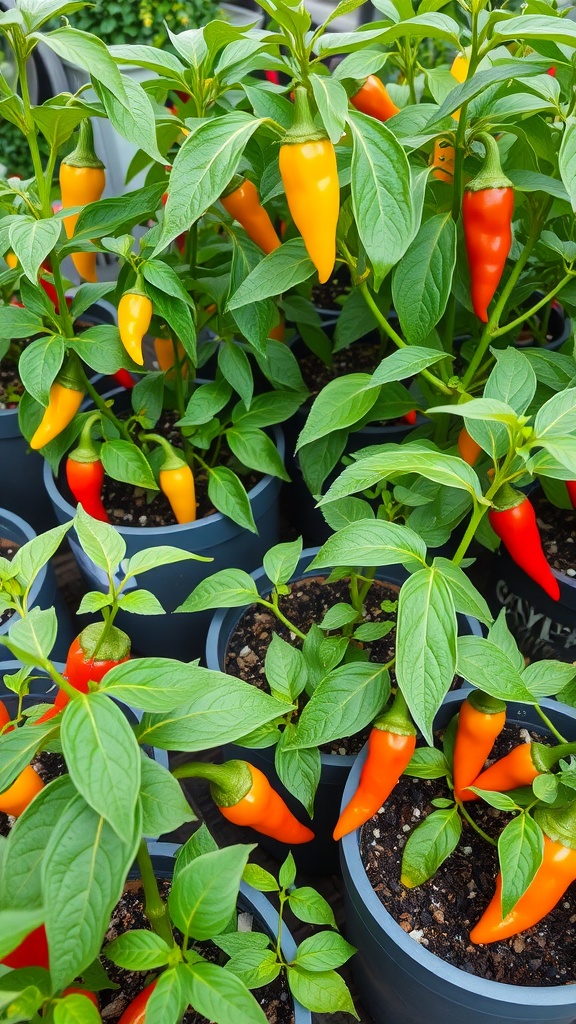 A vibrant display of chili pepper plants with red and yellow peppers in pots.