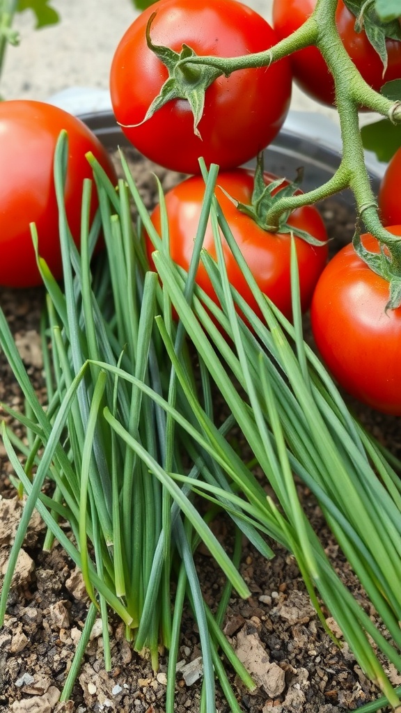 A close-up of ripe red tomatoes beside green chives in soil