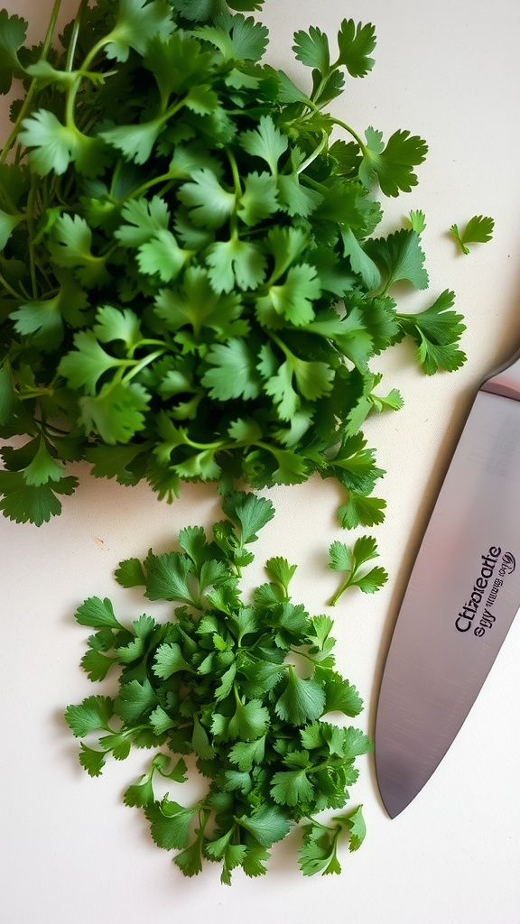 Fresh cilantro leaves with a knife on a cutting board.