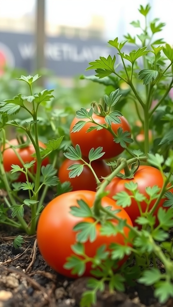 Tomatoes and cilantro growing together in a garden.