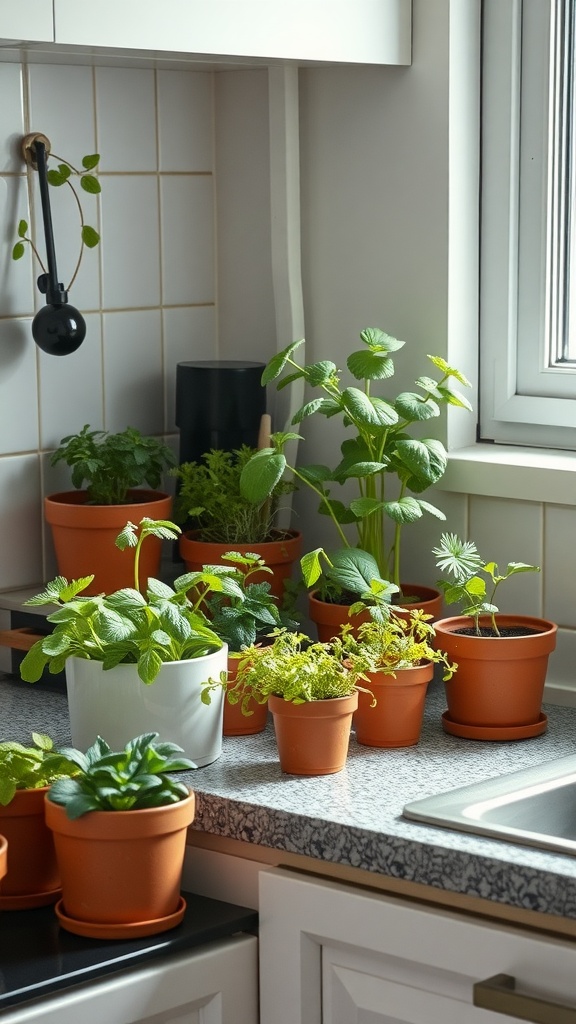 A variety of small plants in pots on a kitchen countertop.