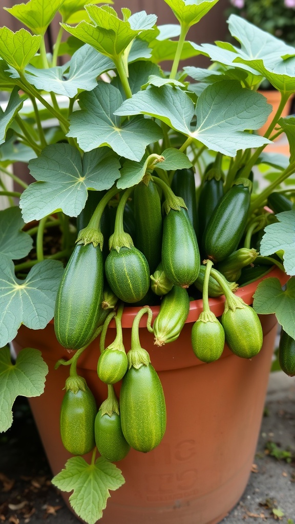 Container with green zucchini plants and fruits.