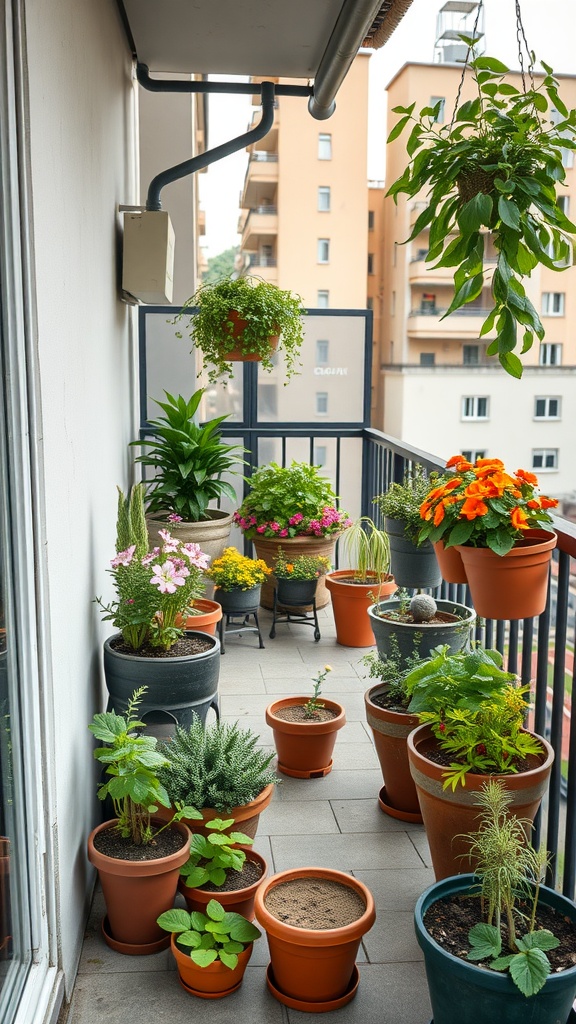 A balcony full of potted plants including flowers and herbs, showcasing a vibrant container garden.