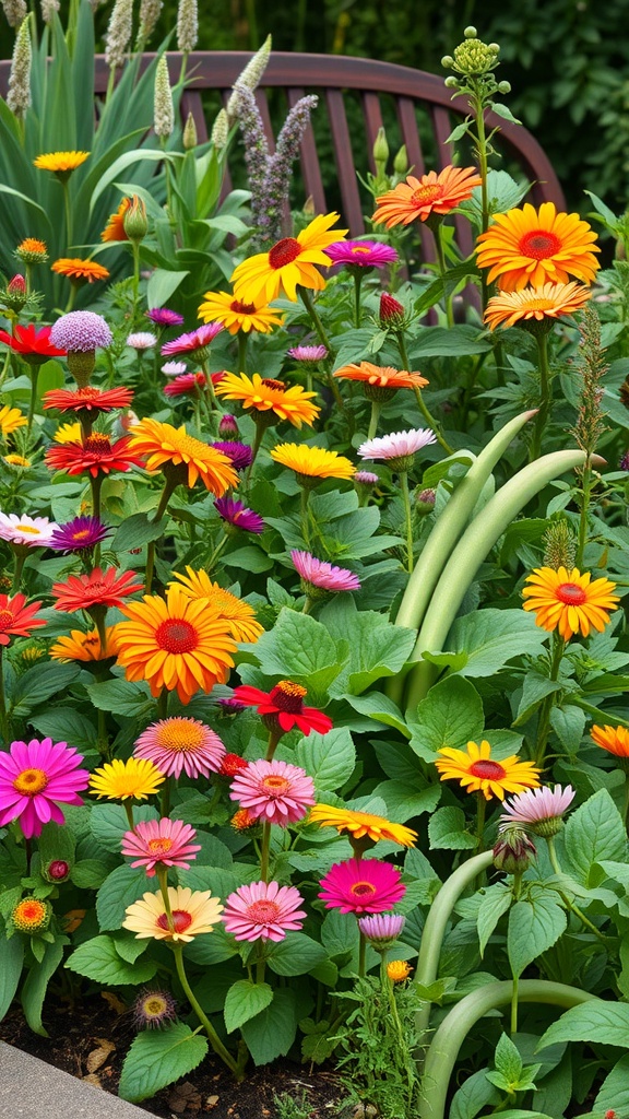 A vibrant flower garden with a variety of colorful blooms and green foliage.