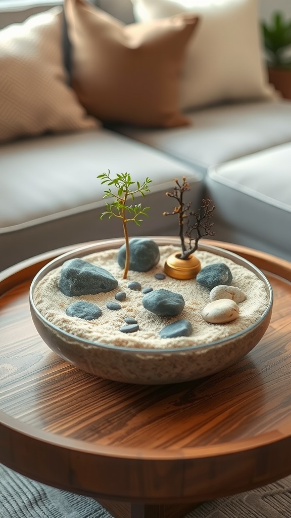 A small black bowl containing sand, stones, and small plants, placed on a wooden table.