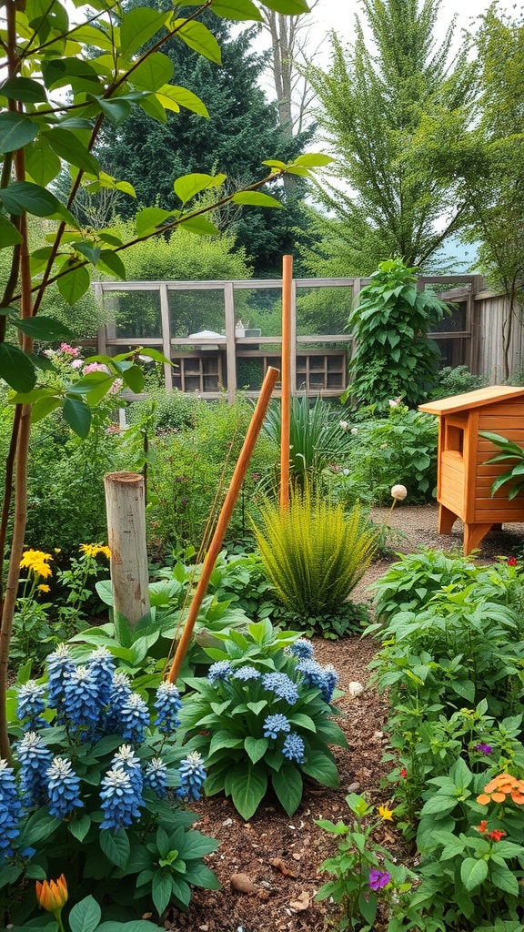 A colorful permaculture garden with blue flowers, greenery, and a structure for wildlife habitat.