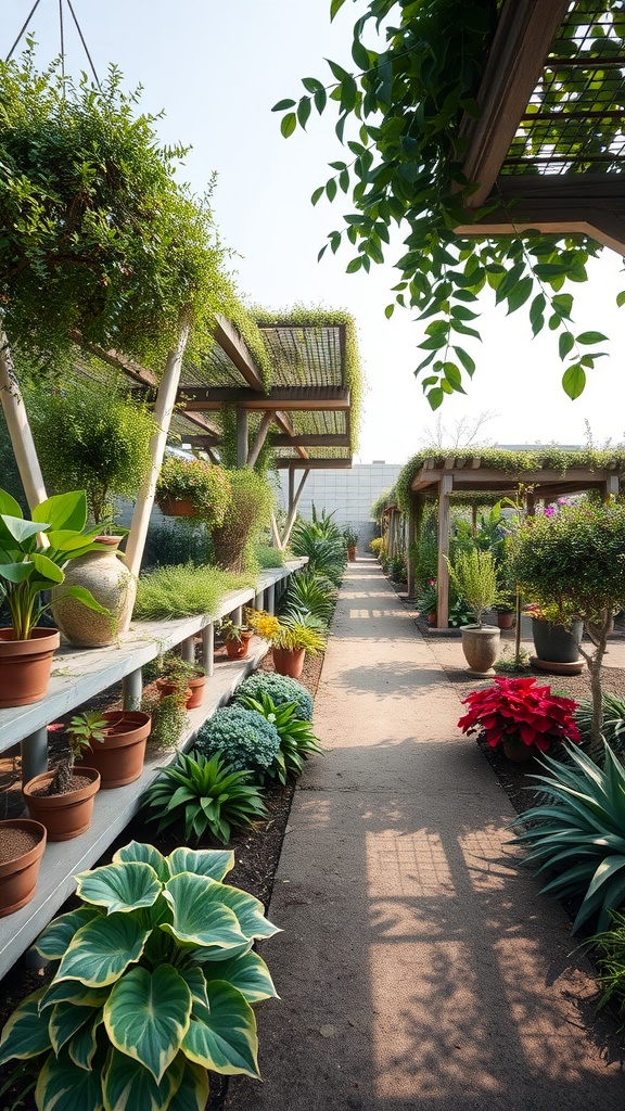 A vibrant permaculture garden featuring various plants along a pathway, with greenery overhead providing shade.