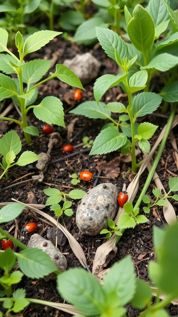 A close-up of green plants in a garden with ladybugs crawling around, showcasing natural pest control.