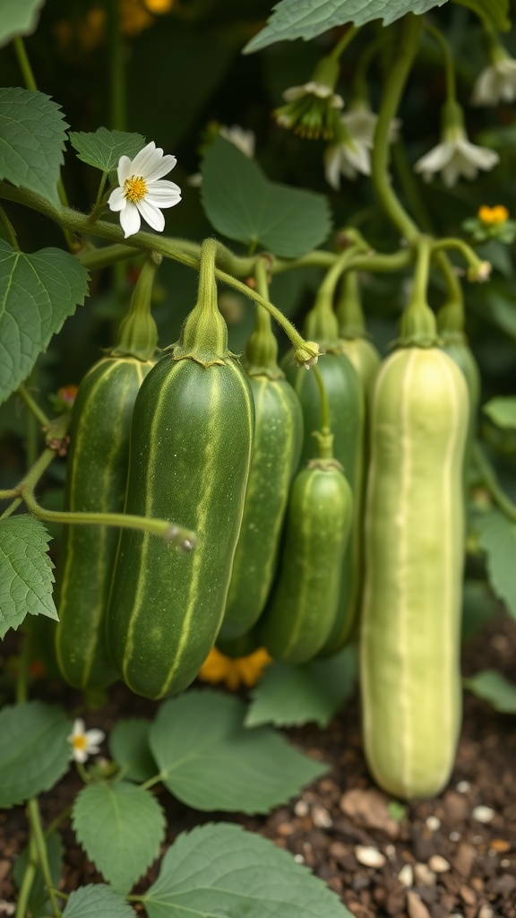 Fresh cucumbers growing on the vine with green leaves and small white flowers.